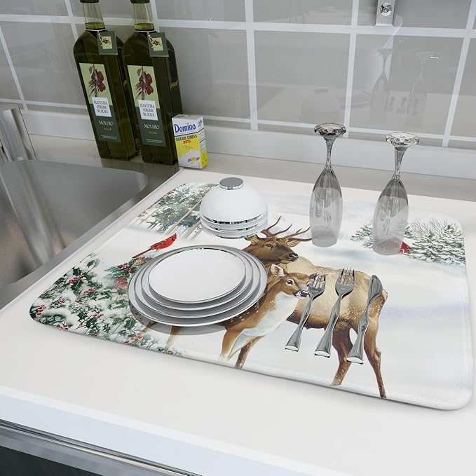 Giwawa Winter Deer Dish Drying Mat 18"x24" Xmas Tree Bird Holly Berry Dish - Image 6