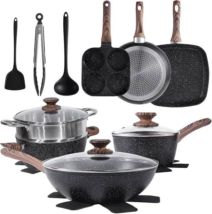 17 Pcs Pots and Pans Set, Nonstick & Non-Toxic Healthy Pots and Pans, by RayBear