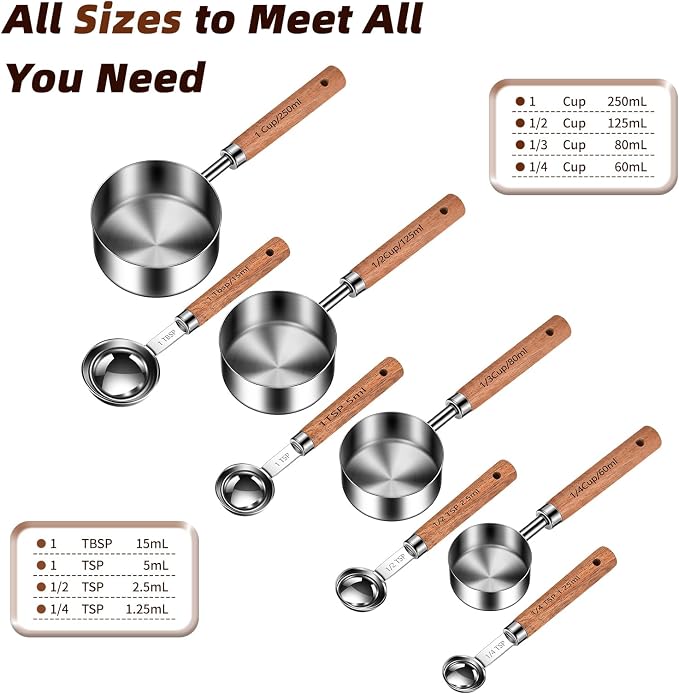 Stainless Steel Measuring Cups and Spoons Set of 8, Stackable Wooden Handle - Image 3