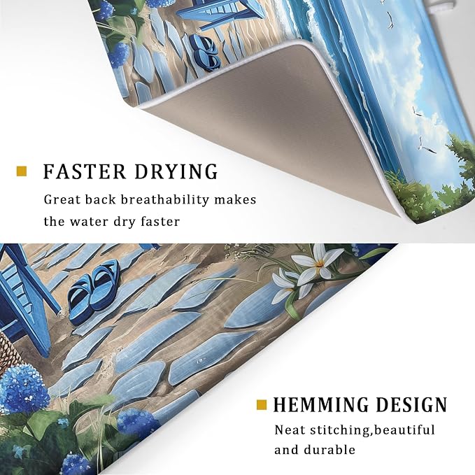 Summer Beach Chairs Dish Drying Mat Sea Wave Blue Floral Drying Mat fo Kitchen - Image 3