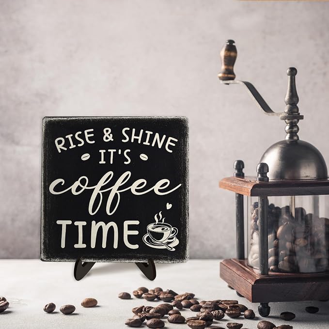 Farmhouse Coffee Bar Sign, Rise & Shine It's Coffee Time Desk Wooden Sign - Image 6