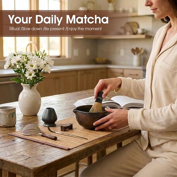 Matcha Whisk Set 7-Piece with Handmade Matcha Bowl & 100-Prong Purple Bamboo - Image 3