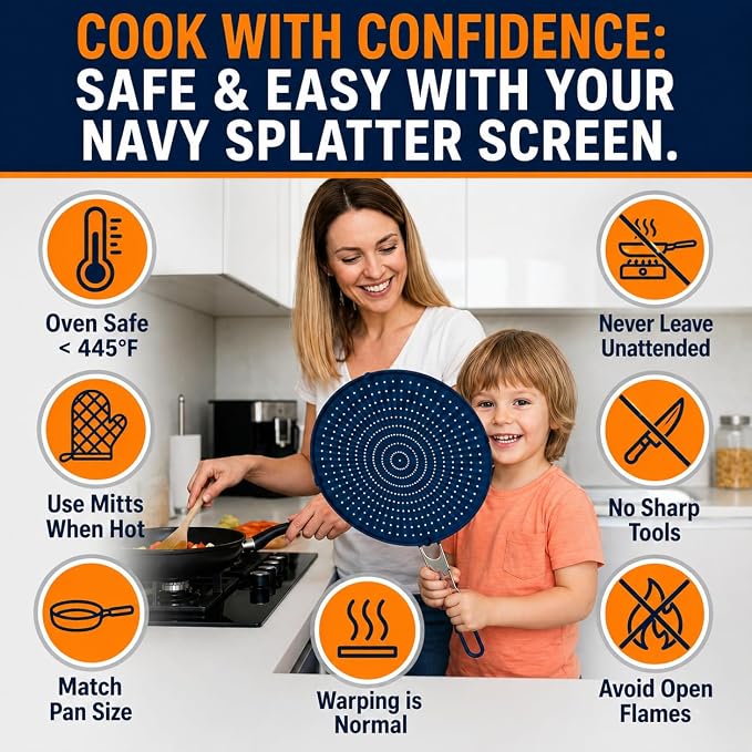 Silicone Splatter Screen for Frying Pan, 13” Navy – Grease & Oil Splatter Guard - Image 7