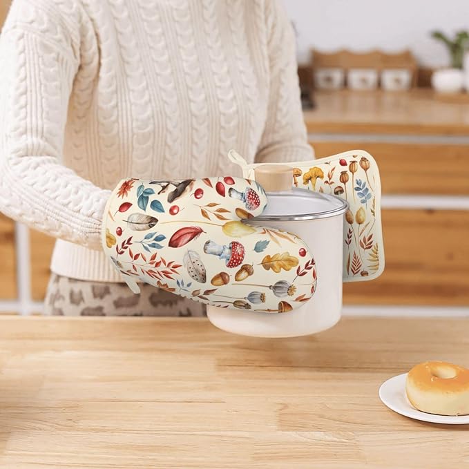 Fall Silicone Oven Mitts Pan Mats Set of 2, Heat Resistant Gloves Potholder - Image 7