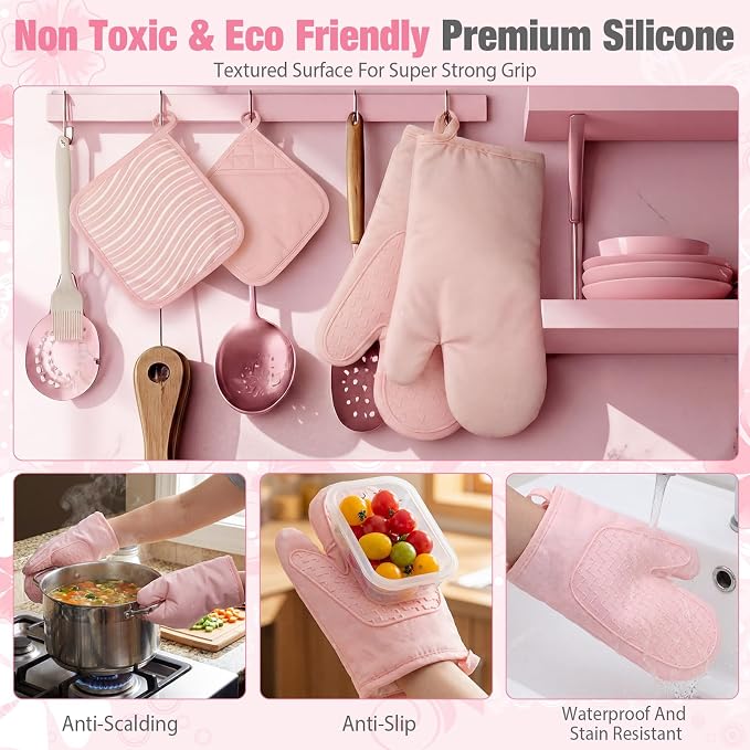 Sumind Pink Oven Mitts and Pot Holders 7 Sets, Heat Resistant Kitchen Gloves - Image 4