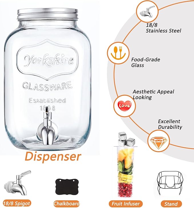 2 Gallon Drink Dispenser with 18/8 Stainless Steel Spigot, Sun Tea Glass Mason - Image 5