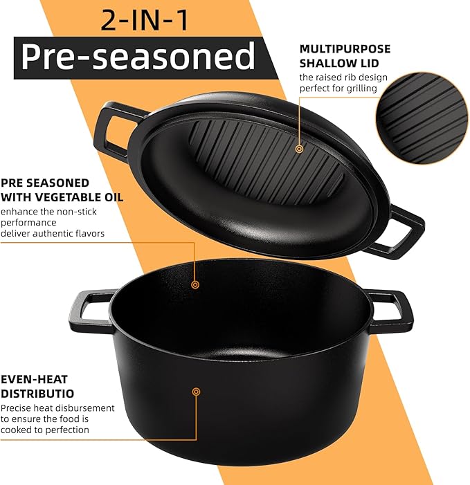Cast Iron Dutch Oven Pot with Skillet Lid – Pre-Seasoned – Skillet Lid Cooking - Image 2