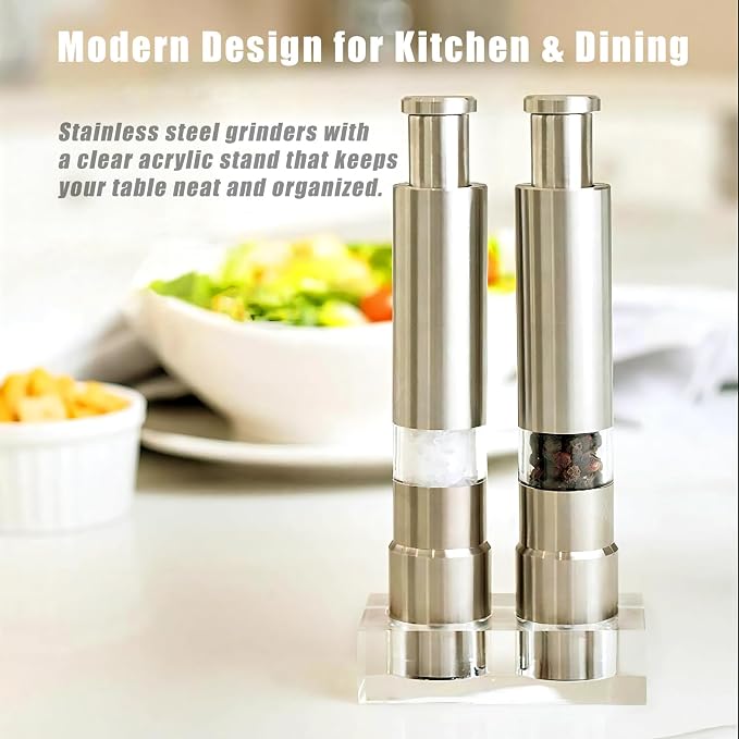 Salt and Pepper Grinder Set, Pump & Grind Peppermill, 2 Refillable Stainless - Image 2