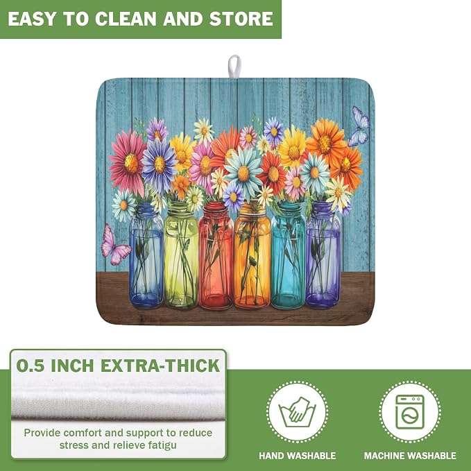 Vintage Floral Dish Drying Mat for Kitchen Counter Rustic Flower Vases Wooden - Image 5