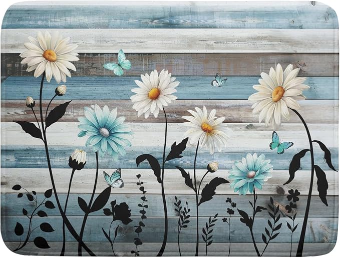 Blue White Daisy Floral Dish Drying Mat by Anyako
