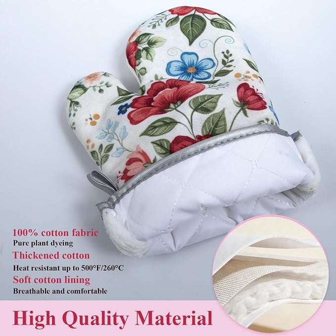 Floral Oven Mitts and Pot Holders Sets 2 Pcs, Canvas Heat Resistant Kitchen - Image 2