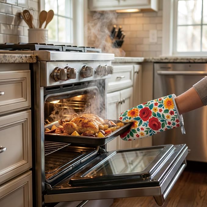 Floral Oven Mitts and Pot Holders Sets 2 Pcs, Canvas Heat Resistant Kitchen - Image 5