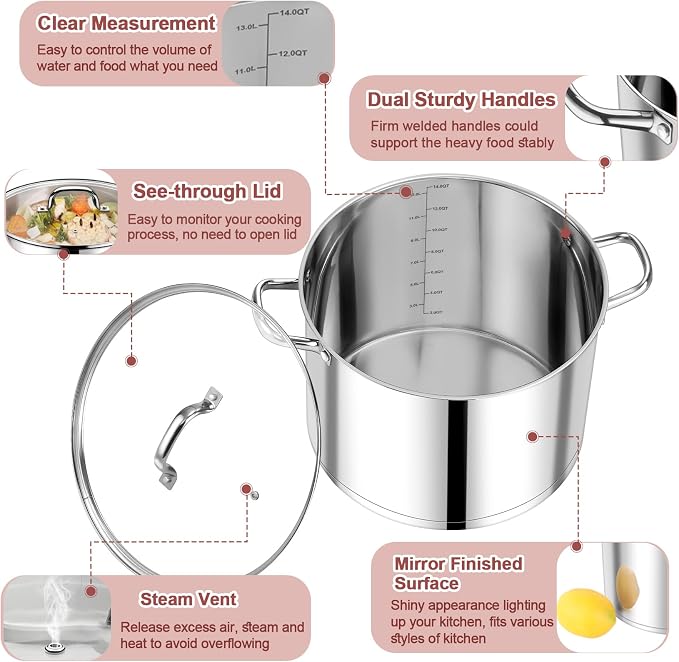 P&P CHEF 14 QT Stock Pot with Lid, Stainless Steel Large Cooking Pot, Soup - Image 3