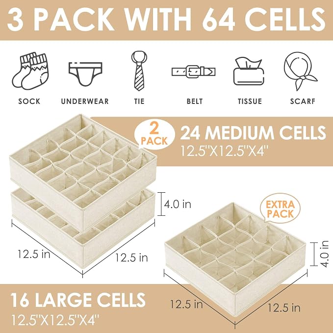 Criusia 3 Pack Sock Underwear Drawer Organizer Dividers, 64 Cell Fabric - Image 2