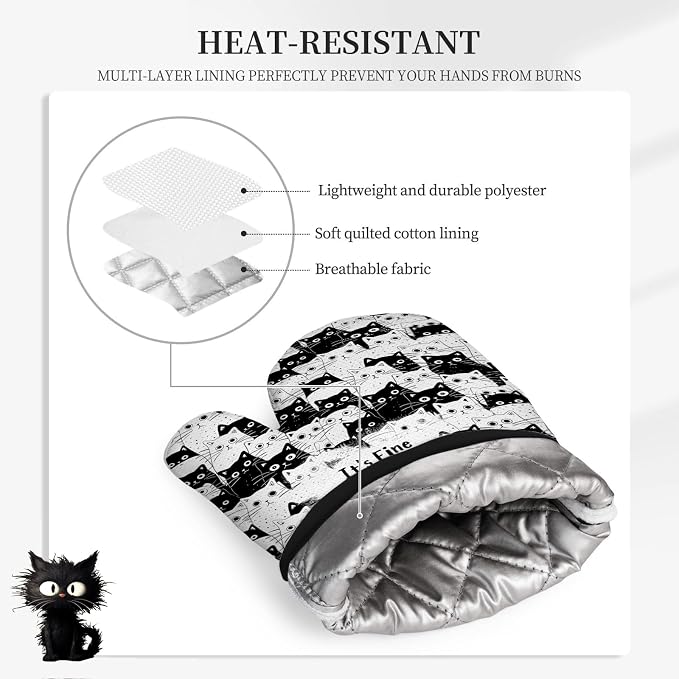 Black Cat Oven Mitts and Pot Holders Sets 3PCS, Cat Silicone Heat Resistant - Image 5