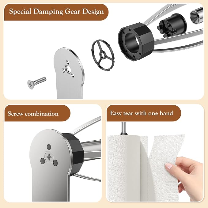 2 Pack Paper Towel Holder Under Cabinet + 2 Towel Robe Hook, Single Hand - Image 7