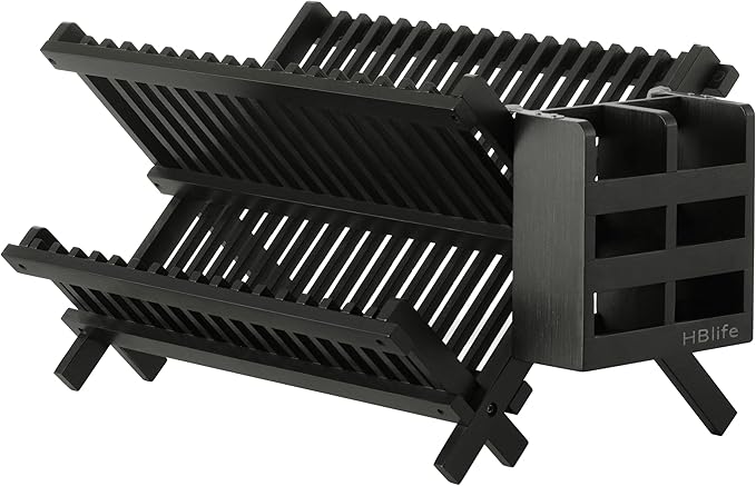 HBlife Dish Rack, Bamboo Folding 2-Tier Collapsible Drainer Dish Drying Rack by HBlife