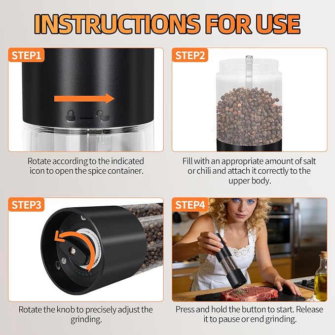 Electric Salt & Pepper Grinder Set of 2, Adjustable Coarseness - Image 2
