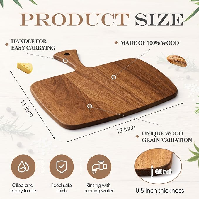 Nuenen Wood Cutting Board with Handle 12x11x0.47 Inch Acacia Bamboo Wooden - Image 2