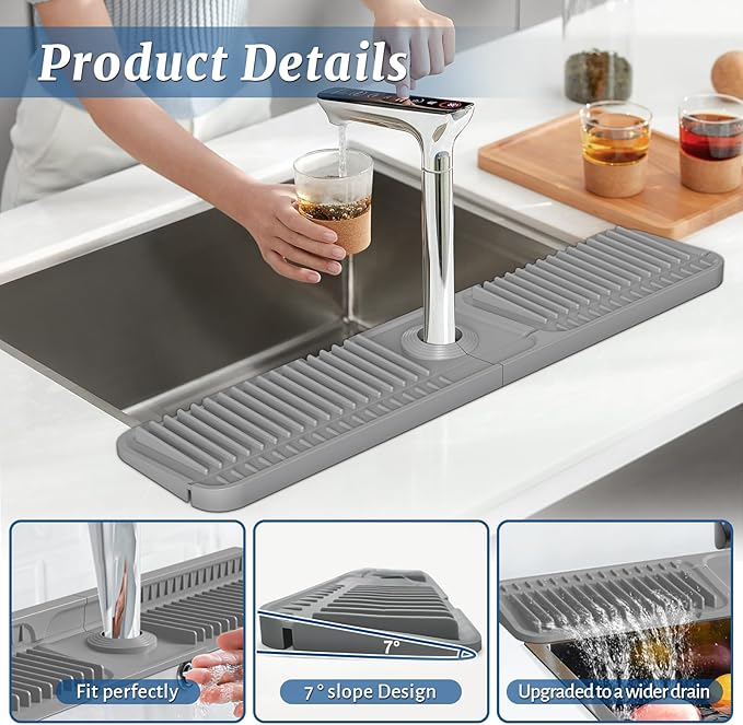 PoYang 24 inch Faucet Mat for Kitchen Sink Splash Guard, 7° Slope Silicone Sink - Image 8