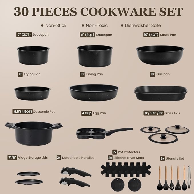 KIKCOIN Pots and Pans Set, 30 Pack Nonstick Cookware Set Detachable Handle - Image 2