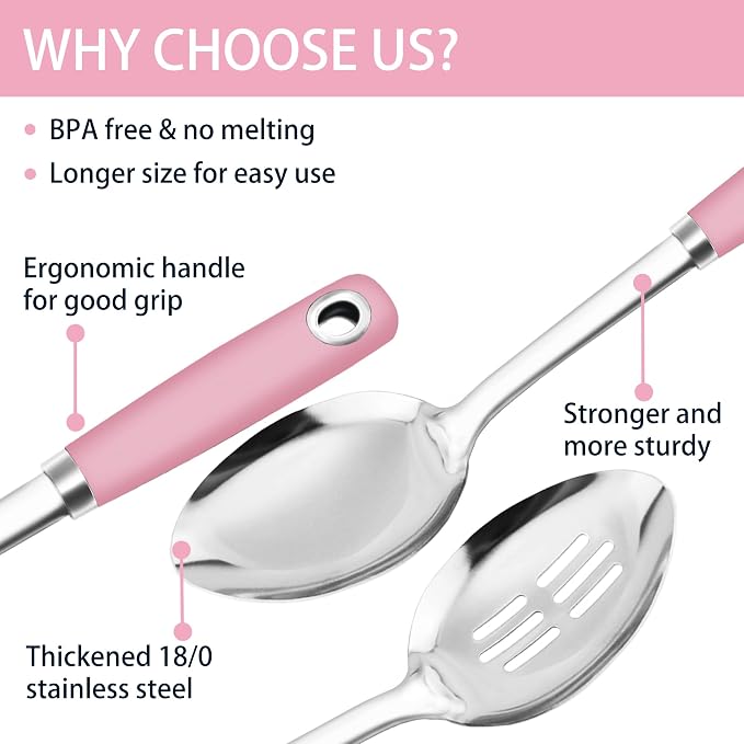 14-in Pink Cooking Spoons Set, Heavy Duty 18/0 Stainless Steel Large Serving - Image 4
