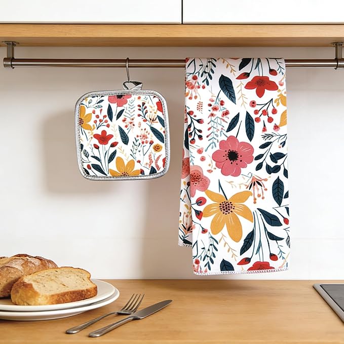 3 Pcs Kitchen Stuff, Wild Floral Kitchen Oven Mitts and Pot Holders Sets - Image 4