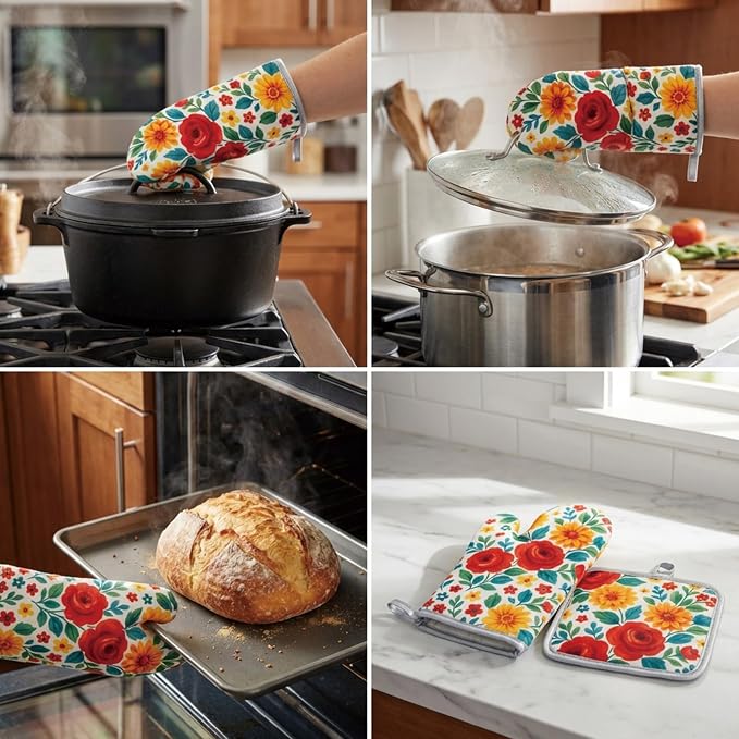 Floral Oven Mitts and Pot Holders Sets 2 Pcs, Canvas Heat Resistant Kitchen - Image 7