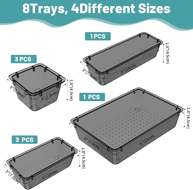 WOWBOX 8 PCS Clear Plastic Drawer Organizer Set, 4 Sizes Desk Drawer - Image 3