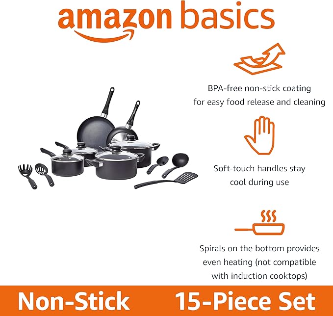 Amazon Basics Non-Stick Kitchen Cookware 15-Piece Set - Image 2