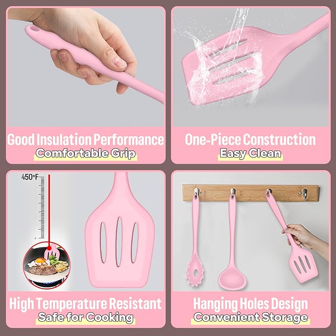 E-far Silicone Cooking Utensils Set, 7-Piece Pink Heat Resistant Kitchen - Image 3