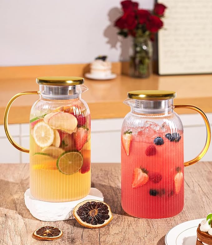 2 PACK Glass Pitcher with Lid 64 oz, Classic Vertical Stripes Pitcher with Lid - Image 8