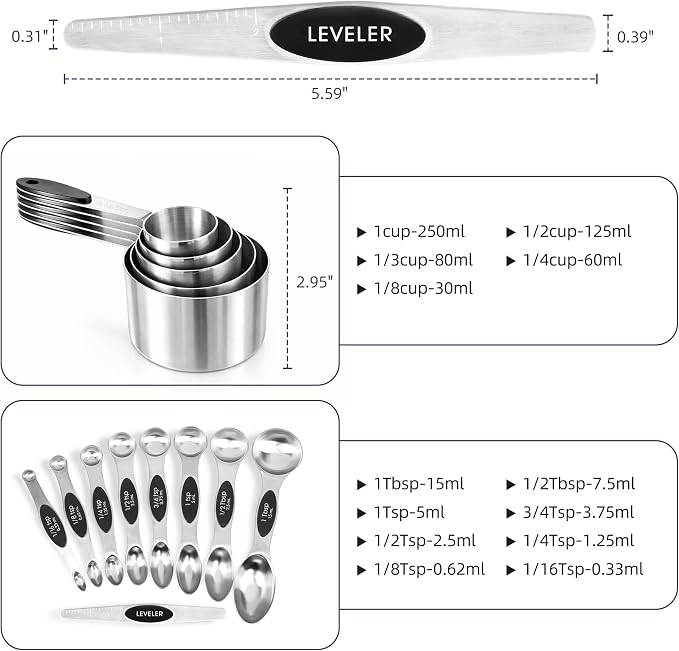 Magnetic Measuring Cups and Spoons Set, Strong N45 Magnets, 304 Stainless Steel - Image 3