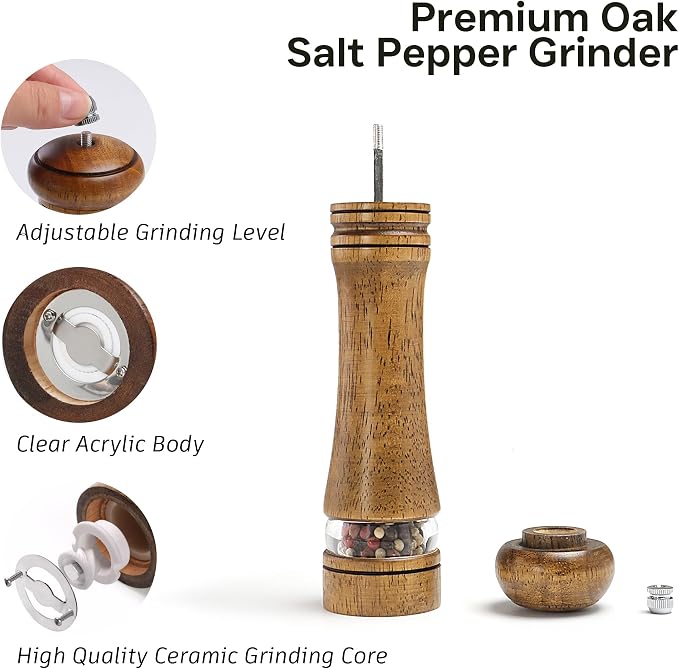 Wood Salt and Pepper Grinder, Salt Grinder and Pepper Mill, Oak Wood Shakers - Image 2