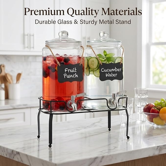 1 Gallon Glass Drink Dispenser Set of 2, Drink Dispensers - Image 2