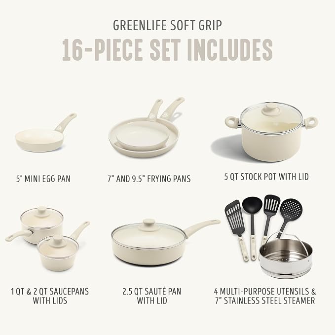GreenLife Soft Grip 16 Piece Cookware Set, Non-Toxic PFAS-Free Ceramic Nonstick - Image 4