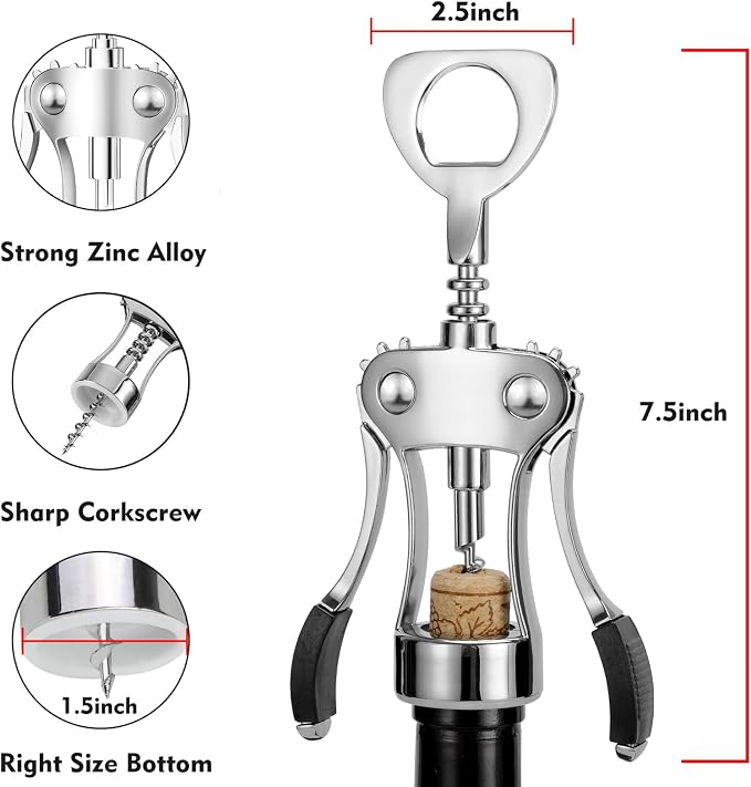 KORCCI Wine Opener, Heavy-Duty Zinc Alloy Wing Corkscrew, Premium Beer Bottle - Image 3