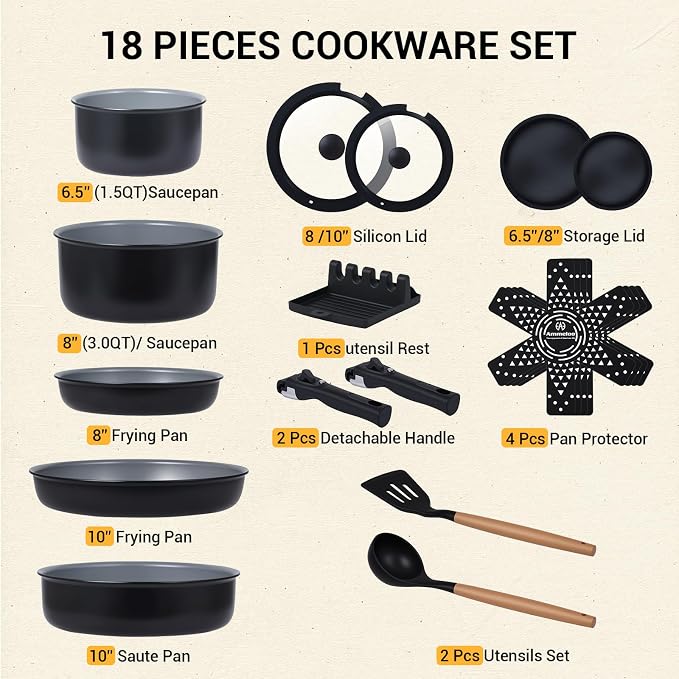 Ammeloo 18-Piece Ceramic Pots and Pans Set Non Stick, Non Toxic Cookware Set - Image 8