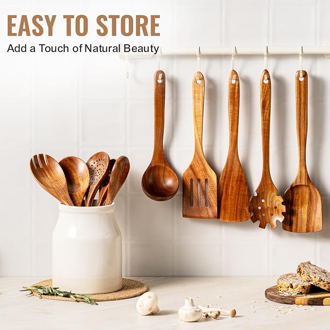 Terlulu 10 Pcs Wooden Spoons for Cooking, Natural Teak Wooden Kitchen Utensils - Image 6