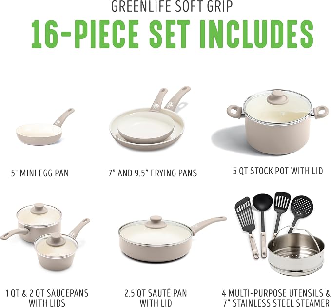 GreenLife 16 Piece Nonstick Cookware Set, Soft Grip Non-Toxic PFAS-Free Ceramic - Image 3