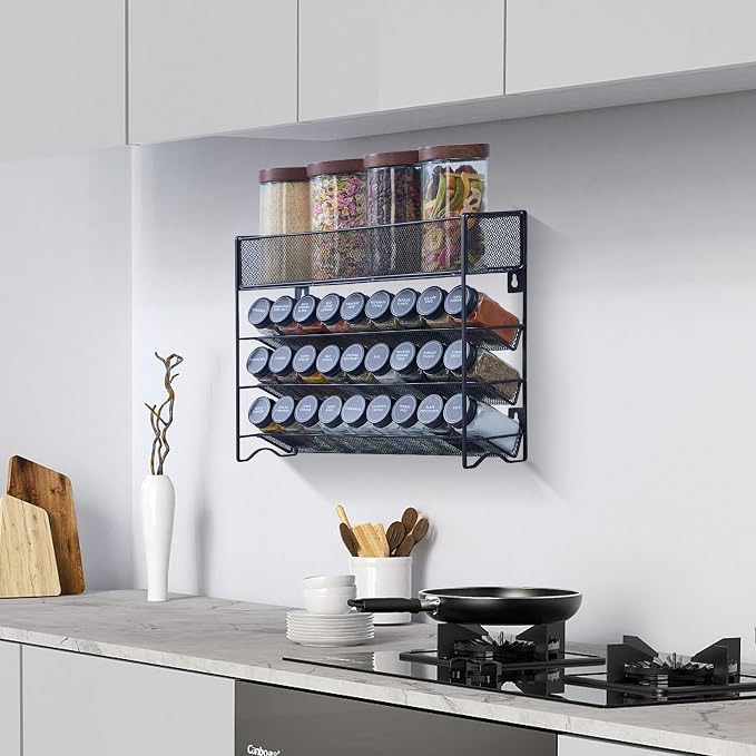 Spice Rack Organizer with 27 Spice Jars with Black Lids, Spice Labels, - Image 5
