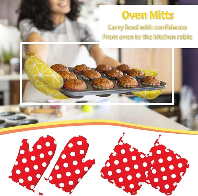 Red and White Polka Dot Oven Mitts and Pot Holders Sets of 4, Heat Resistant - Image 7