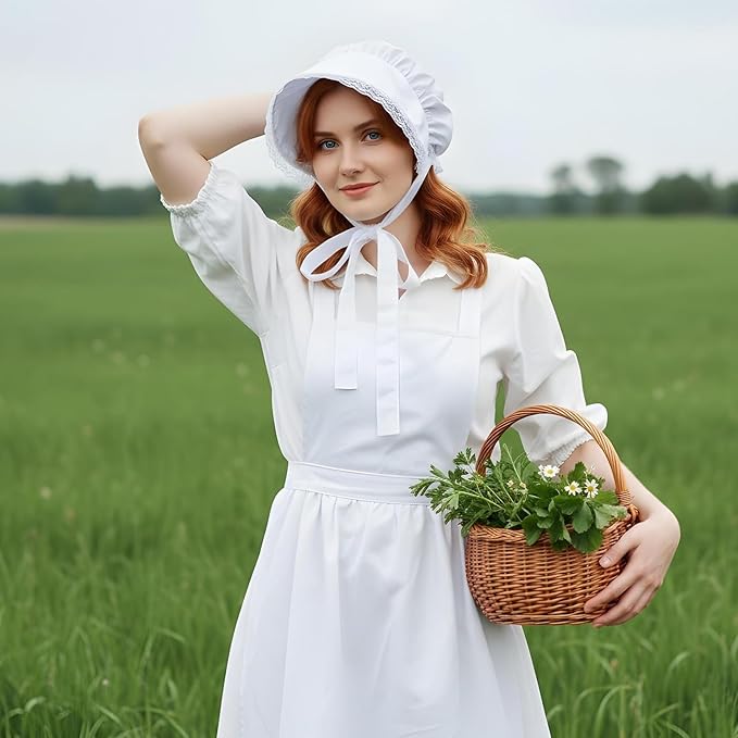Tucnoeu 2pcs White Mob Cap Half Apron Halloween Colonial Costume Set Women - Image 7