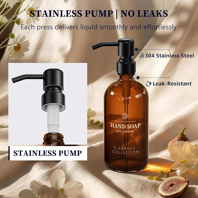 Amber Glass Soap Dispenser for Kitchen Sink and Bathroom - Image 2