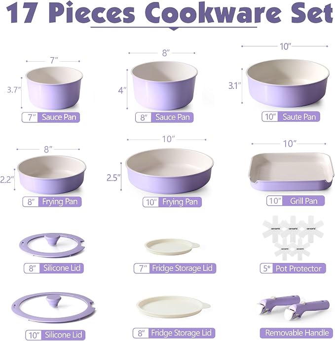 SENSARTE 17 Piece Ceramic Pots and Pans Set, Nonstick Detachable Handle Cookware - Image 2