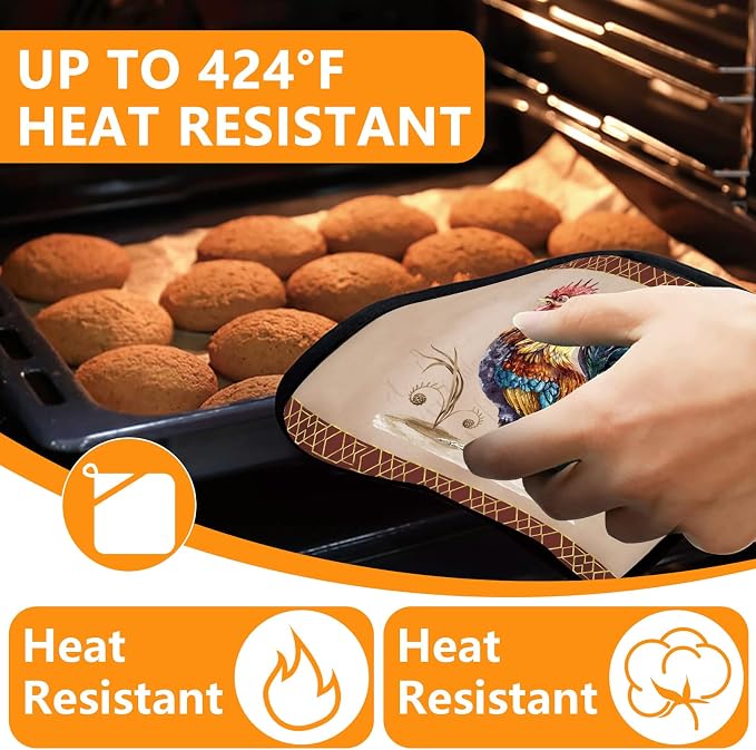 Rooster Oven Mitts and Pot Holders Sets 4Pcs, Extra Long Oven Gloves Potholder - Image 4
