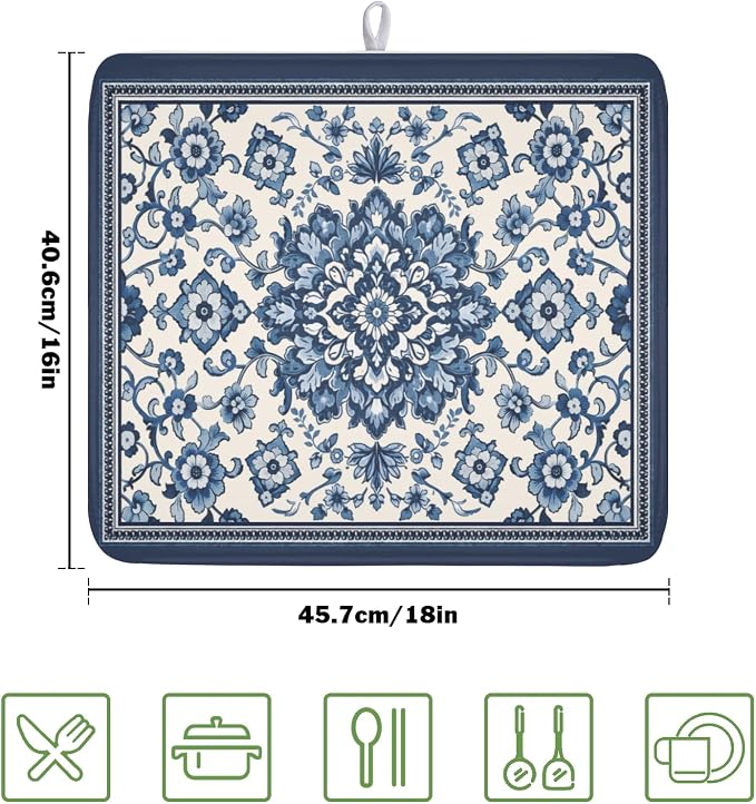 Blue Floral Dish Drying Mat for Kitchen Counter Vintage Flower Pattern - Image 2