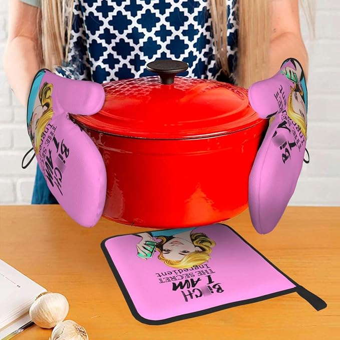 Funny Oven Mitts and Pot Holders Sets, Cute Pink Heat Resistant Oven Gloves and - Image 7