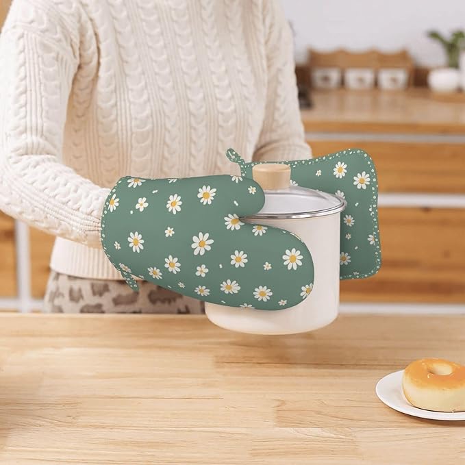 Oven Mitts and Pot Holders Daisy Flower Green Silicone Kitchen Accessories Set - Image 7