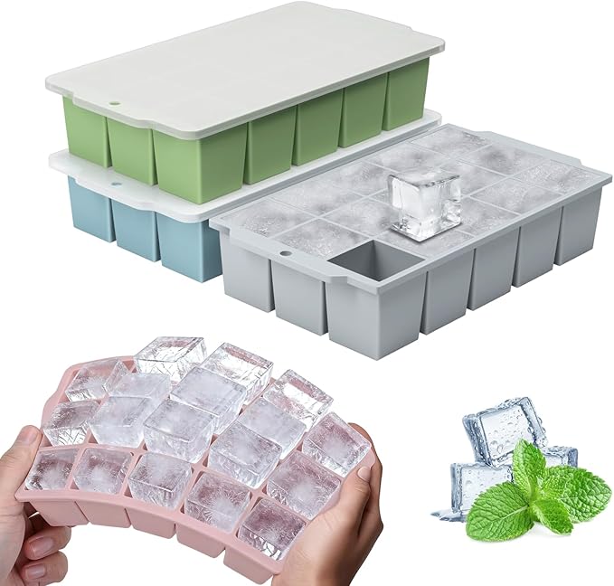 Silicone Ice Cube Tray with Locks Lids 4 Pack, Easy Release Flexible 15 Square by MEIJO